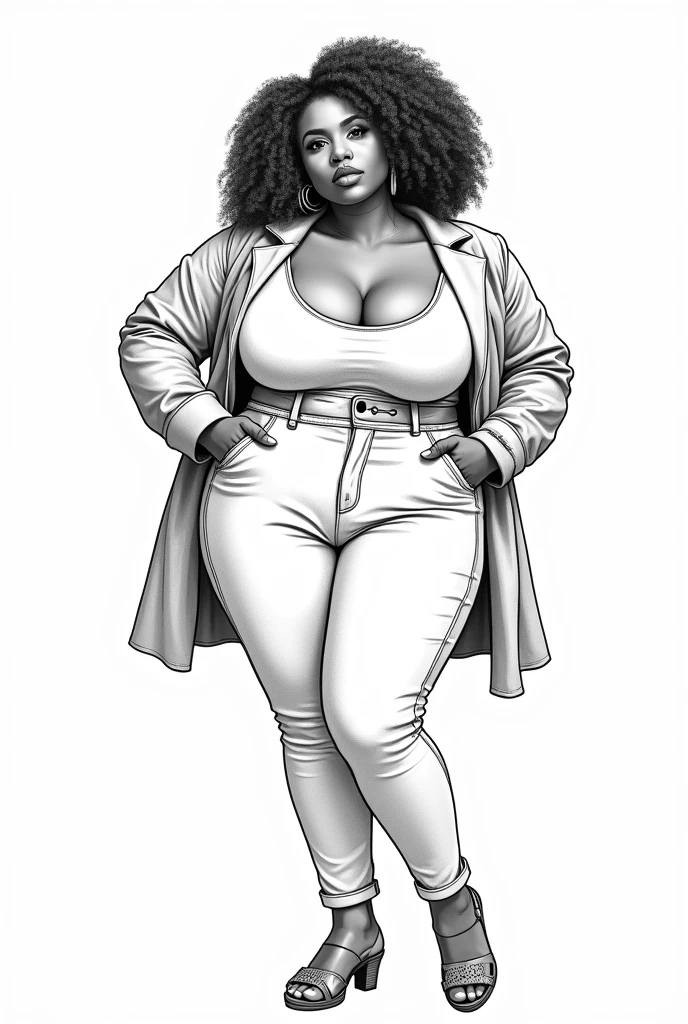 
Black Fat Women Beauties Portrait Coloring Pages for adults, Full body clothing , different style clothes , white skin Fat Black Woman Grayscale Coloring Book, White Background, no shadow on image, outline body, best quality, masterpiece, detailed, perfect face