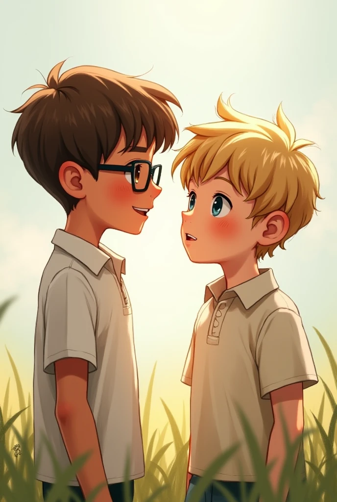 boy with glasses and brown hair and brown eyes In White shirt Talks to boy with blonde short hair and Blue eyes