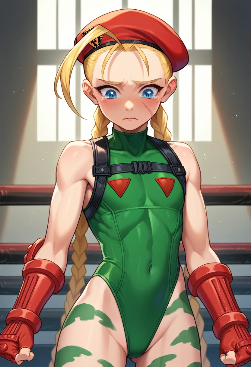 score_9, score_8_up, score_7_up, 1girl, solo, (li), flat chest, CammyWhiteSFXL, scar on cheek, blue eyes, blonde hair, long hair, twin braids, antenna hair, camouflage, red beret, bare shoulders, green leotard, black harness, red gloves, fingerless gloves, standing, sad, crying, blushing, shaking, looking down, fighting ring,