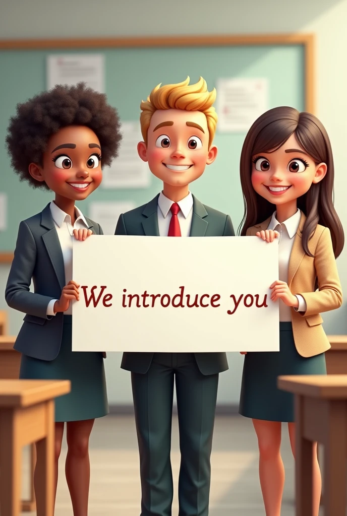 An image with 3 school teachers standing on both side of a banner saying 'we introduce you'. 