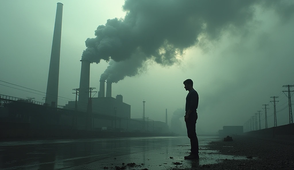 around an industrial area with smoke a A person struggling to breathe