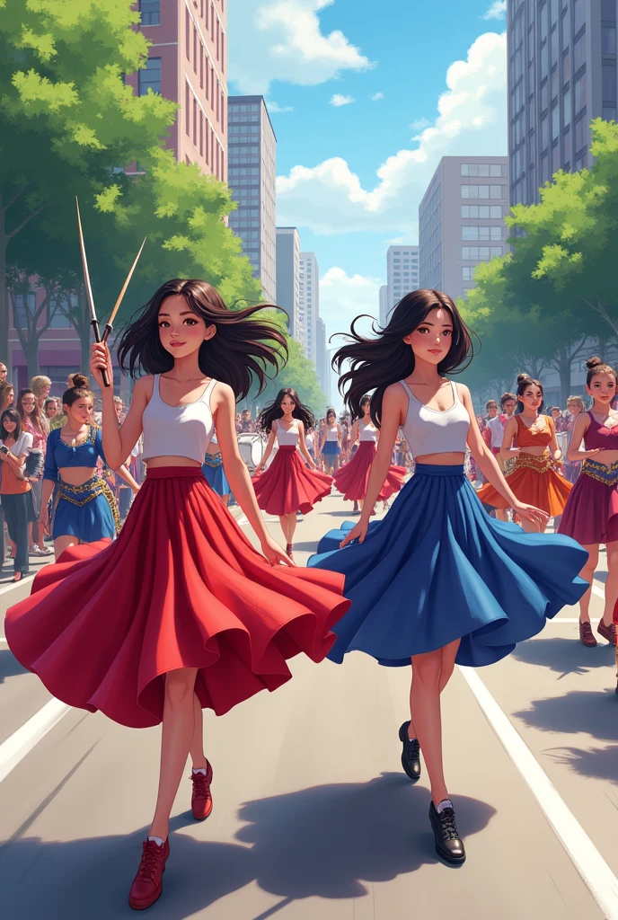 Teenage female drum majors wearing skirts lead the modern drum band procession 
