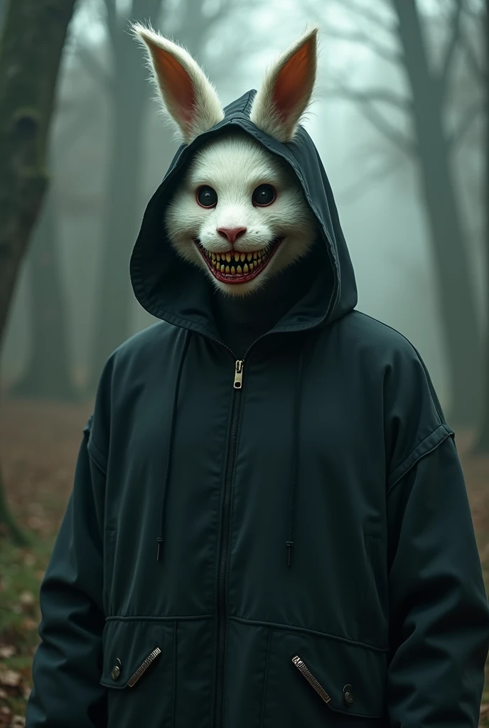 lizoldBS_soul3142,1 male, furry White rabbit mask with creepy smile and yellow bloody teeth , completely Black hoodie, steampunk, dystopia, ethereal, detailed, masterpiece, best quality, dramatic lighting, full body
