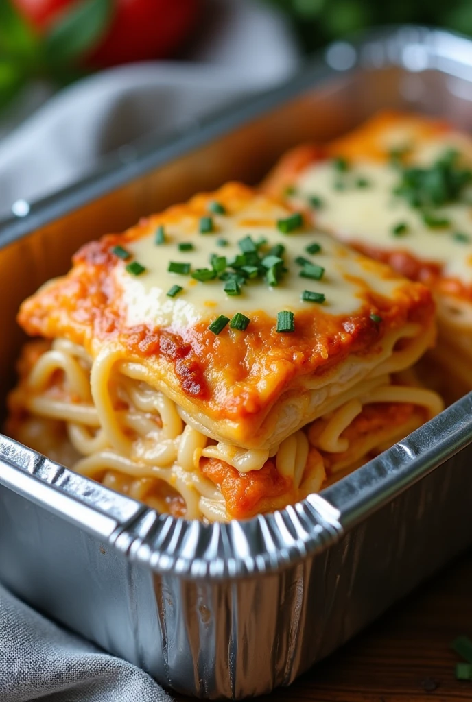 Chicken lasagna in an aluminum lunch box 
