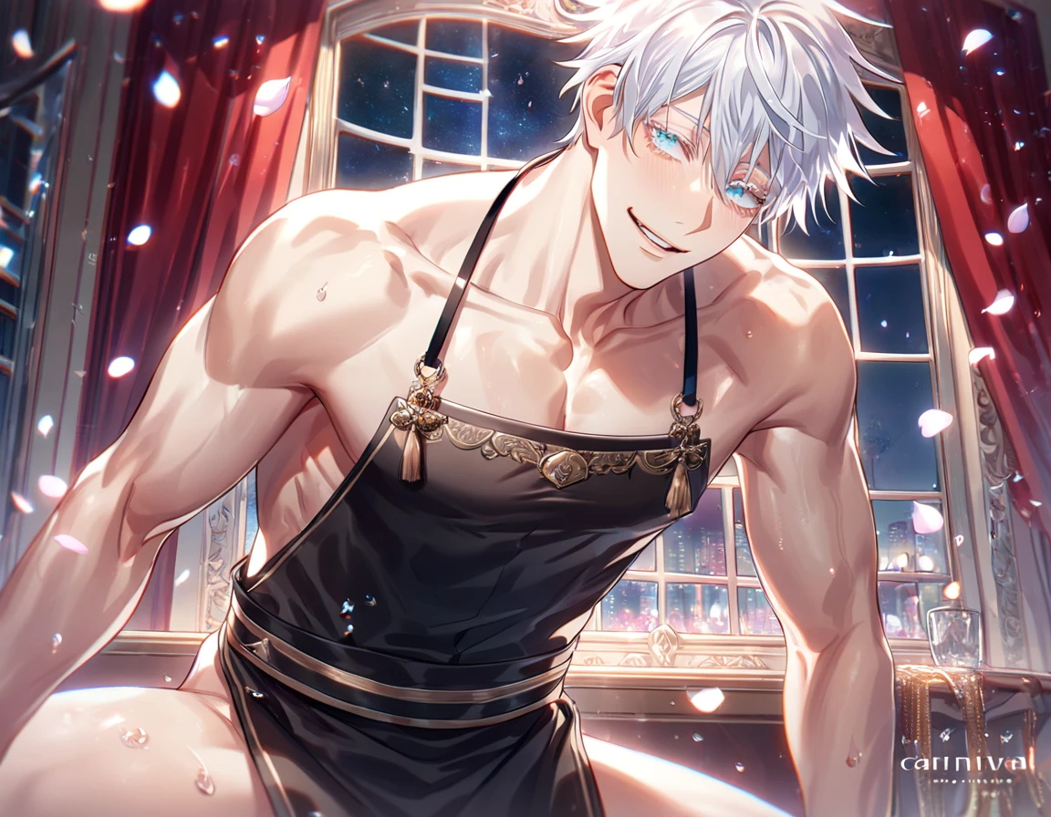 absurdres, highres, ultra detailed, HDR, master piece, Gojou Satoru, white hair with bangs, white eyelashes, expressive blue eyes, hair between the eyes, bare chest, toned chest, Jujutsu Kaisen, sexy man sitting on a bed, room, bed, handsome, best quality, flowers, fantasy, magical, solo, blue shining fireflies, blue petals, black round sunglasses, handsome smile, black pants