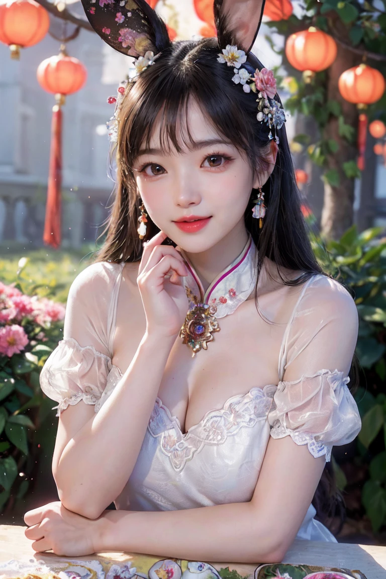 (a girl with beautiful detailed eyes,rosy lips and a radiant smile) (sits gracefully in a colorful blooming garden) (surrounded by vibrant flowers and lush greenery) (under the peaceful and gentle moonlight) (shining down from the celestial moon palace) (named after the legendary Chinese goddess Chang'e). (The girl holds a plate of delicious mooncakes) (decorated with intricate patterns and filled with sweet flavors) (symbolizing reunion and joy) (during the Mid-Autumn Festival). (A group of adorable rabbits) (playfully hop and frolic around the girl) (adding a playful and lively atmosphere to the scene).
(best quality, 4k, 8k, highres, masterpiece:1.2), ultra-detailed, (realistic, photorealistic, photo-realistic:1.37) (illustration) (crafted with meticulous brushwork and vibrant colors) (evoking the essence of traditional Chinese painting) (to create a harmonious blend of tradition and imagination). The (soft lighting) (illuminates the scene with a gentle glow) (accentuating the dream-like ambiance) (and enhancing the enchanting beauty of the girl and the garden). Additionally, the (assorted warm colors) (imbue the scene with a sense of comfort and tranquility) (while paying homage to the autumn season and the festival's traditional color palette).