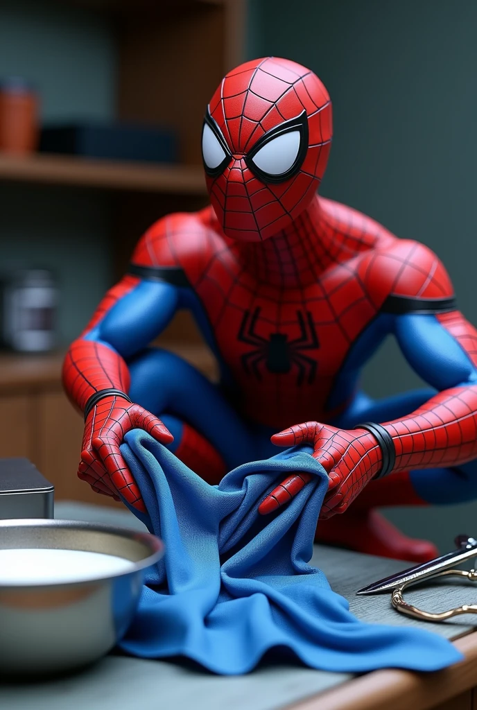 (photorealism 1:2) Spider-Man toy, in front Holding blue silk fabric both hand, hand holding silver bowl with milk, other hand holding scissors, detailed