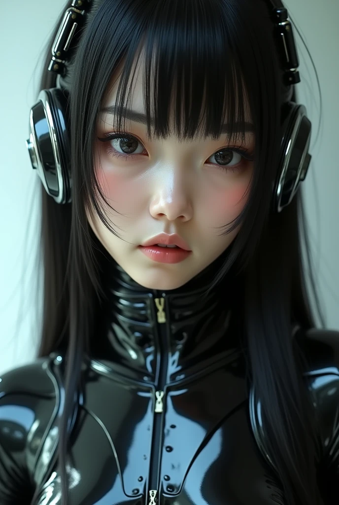 Japanese women、1 person、Shiny straight black hair、Large, narrow eyes、Narrow face、shiny rubber suit、mechanical、Exposed skin in various areas、Gaze forward、White skin