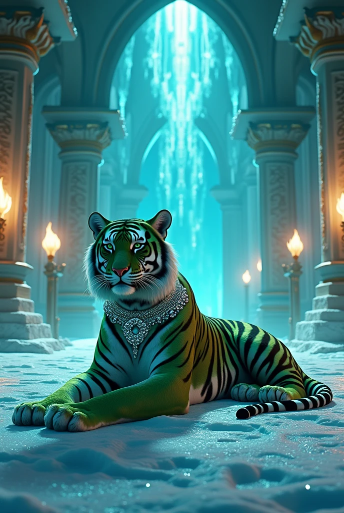 photoshot: a tiger lying on the ground, charachter: a beautiful green skinned tiger, calm and cold look, Scenario: main hall of an ice castle with beautiful viking decoration, outfit: beautiful diamond studded collar, styled: viking, Lighting: crystal chandelier and torches with ice blue flames.