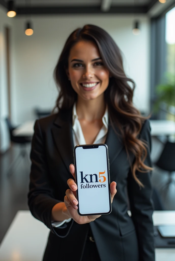 Businesswoman indicating the brand "KN5 Followers" with a cell phone inside a company