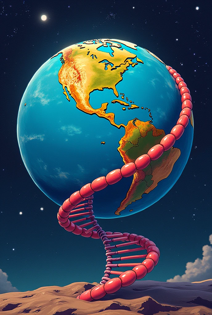 Globe with DNA strand around it like Saturn comic style