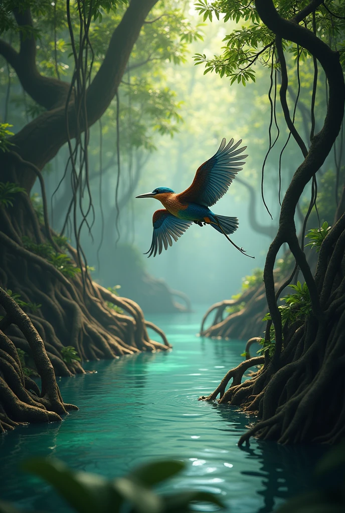 Photorealism 1.4 realistic realism high detailed definition mangrove swamp bird flying around