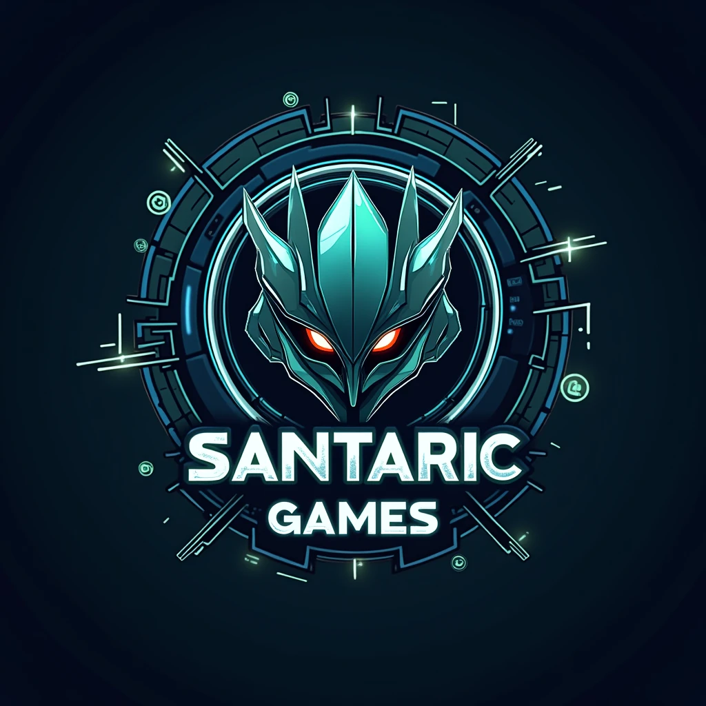 Design a professional and dynamic logo for a video game and PC gaming company called 'Santaric Games.' The logo should capture the essence of gaming, combining elements of adventure, excitement, and technology. Use a bold and energetic design, incorporating symbols like a game controller, joystick, or stylized gamepad icon to immediately convey the gaming theme. The central icon could be a futuristic helmet, a dragon, or a stylized 'S' for 'Santaric,' symbolizing the brand's identity and the epic adventures they provide. Choose a vibrant color scheme with electric blues, neon greens, and metallic accents to reflect the excitement and cutting-edge nature of the gaming industry. The company name 'Santaric Games' should be written in a bold, modern font, possibly with a slight tech-inspired or futuristic edge. Render the logo in 4K resolution with a transparent background, ensuring it's suitable for use across various digital platforms, from websites to game covers.