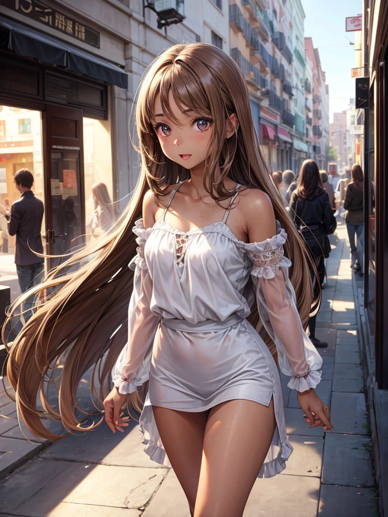 ((best quality, 8k, masterpiece: 1.3)), sharp: 1.2, perfect body beauty: 1.4, slender abs: 1.2, ((layered hairstyle, big breasts: 1.2)), (bandeau dress white: 1.1 ), city streets: 1.2, highly detailed facial and skin textures, detailed eyes, double eyelids, long brown hair, thin dress, hands behind, squatting, slightly revealing panties, revealing cleavage.