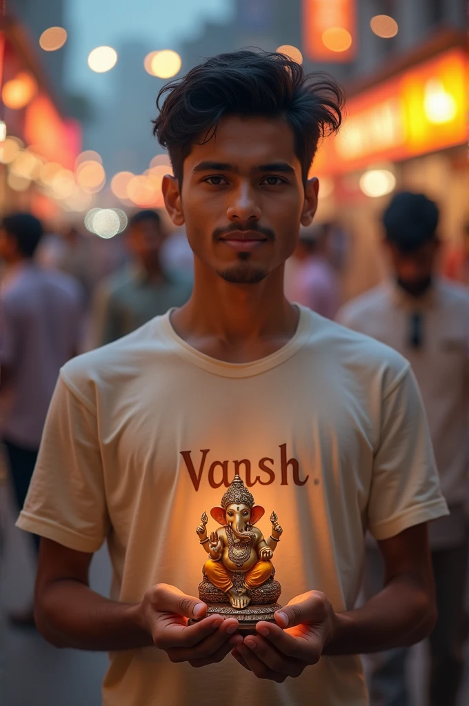 Create a Realistic Picture of A 20 year young Indian Boy Holding a Small Size Lord Ganesh statue in his hand. In Public. “Vansh” Clearly is written in boy Tshirt. Divine. Boy looking so handsome, HDR.