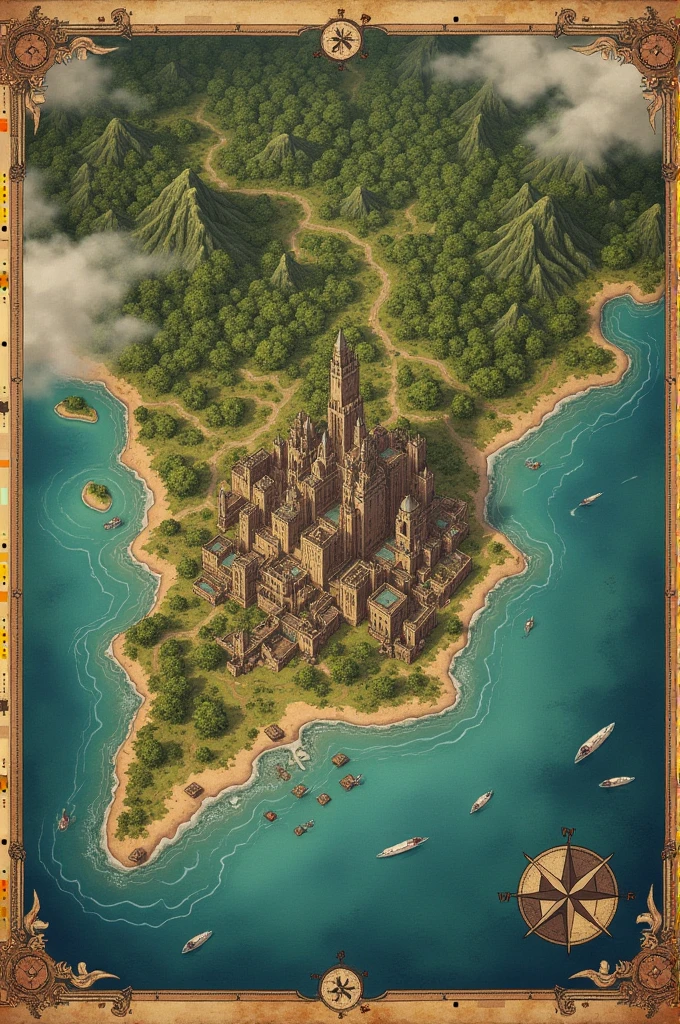 Generate a paper map of an ancient kingdom surrounded by the ocean and with a dense forest area to the west