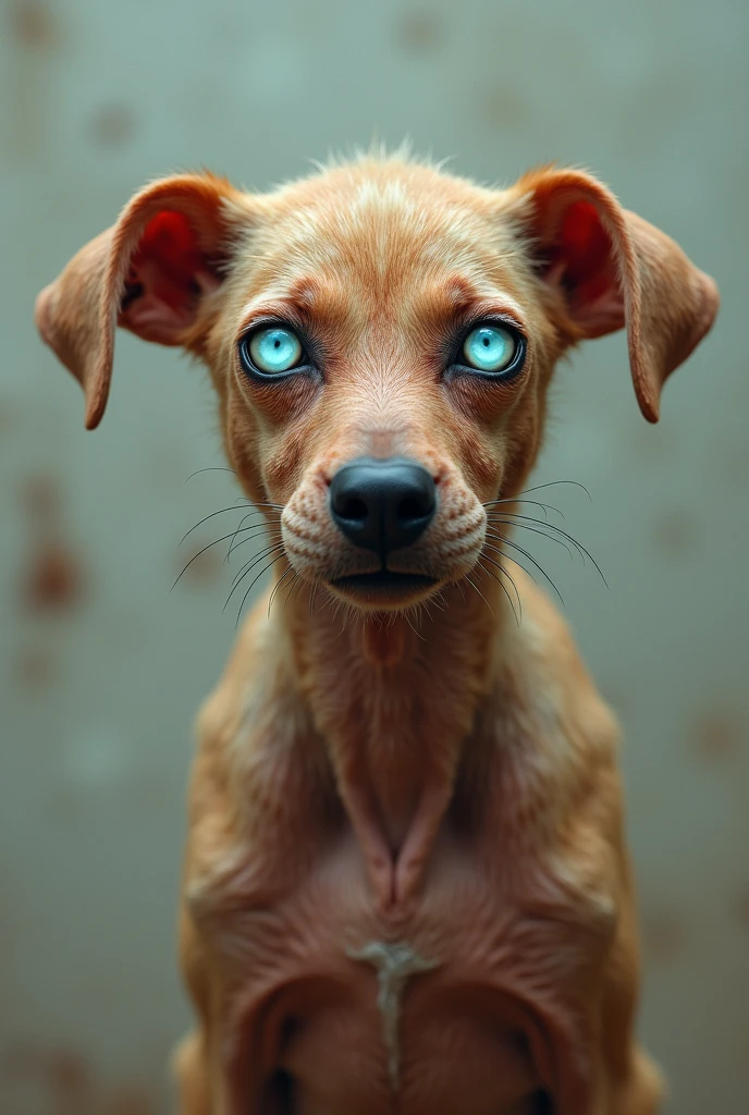 A dog with peach coloured skin and fur but the fur has worn due to disease and the bones can be seen as he is hungry from many months and a blue layer has formed on his eyes