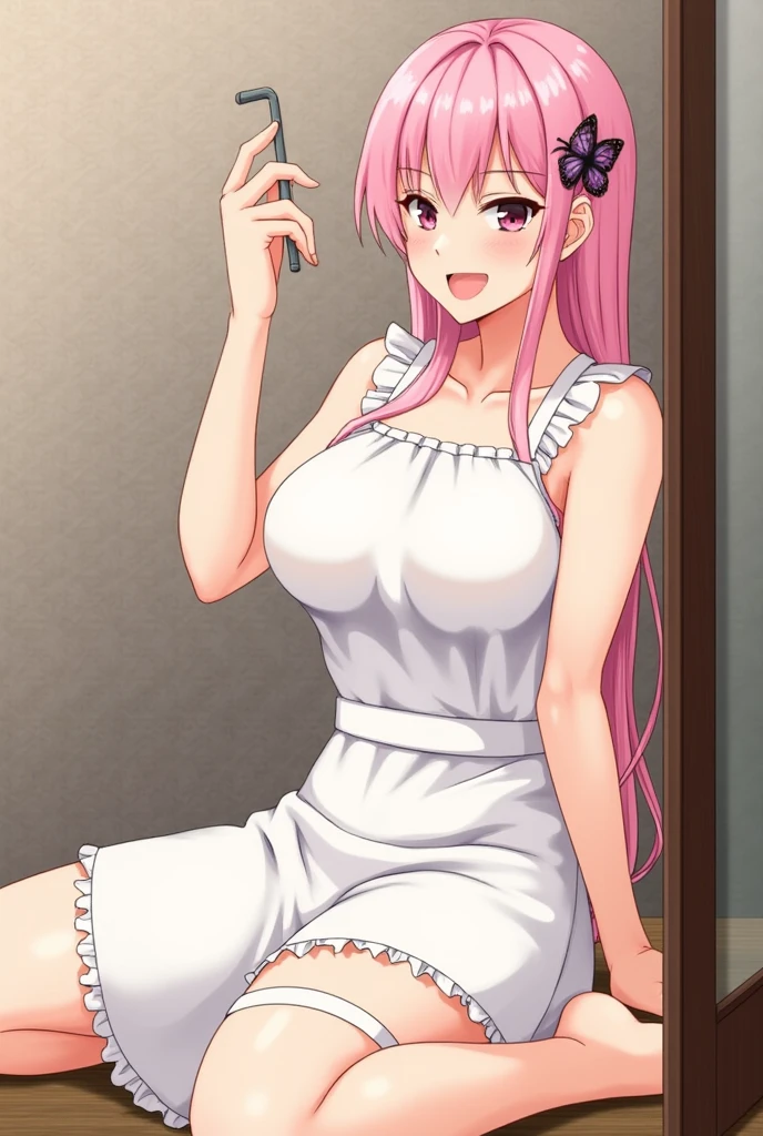 girl, mini tank top, huge breaong, thicc thigh, pink, charming smile, light pink hair, hime cut hair, long hair, see through tank top, pussy hairl room, no bra, deep cleavage