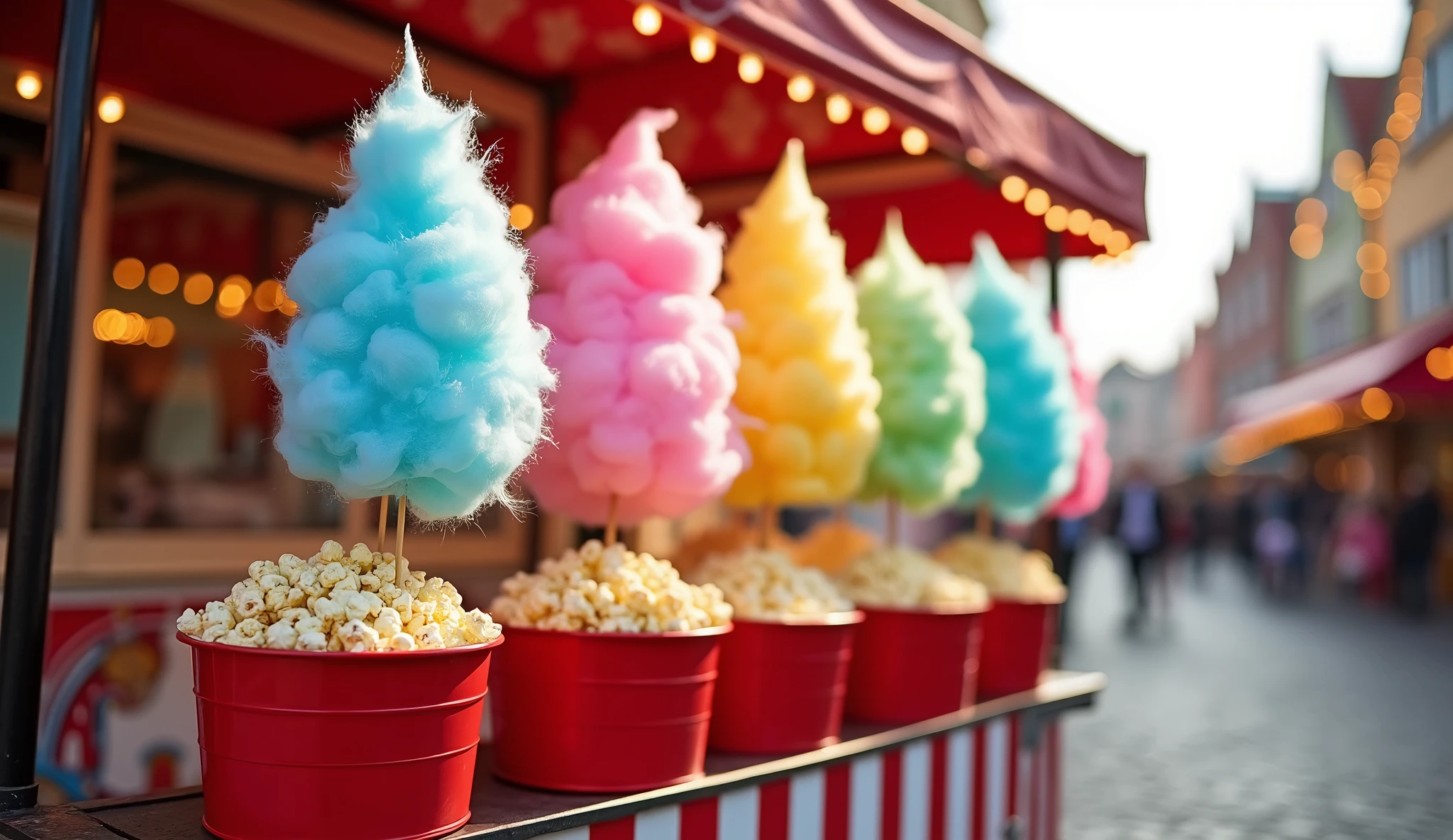 A vibrant photo of a classic red-and-white striped seller's cart filled with multicolored cotton candy on sticks, featuring shades of pink, blue, green, and yellow. The popcorn is served in bright red buckets. The cart is set on a cobblestone street at a lively fairground, with the sun shining brightly, highlighting the colorful cotton candy and the overflowing popcorn buckets.
