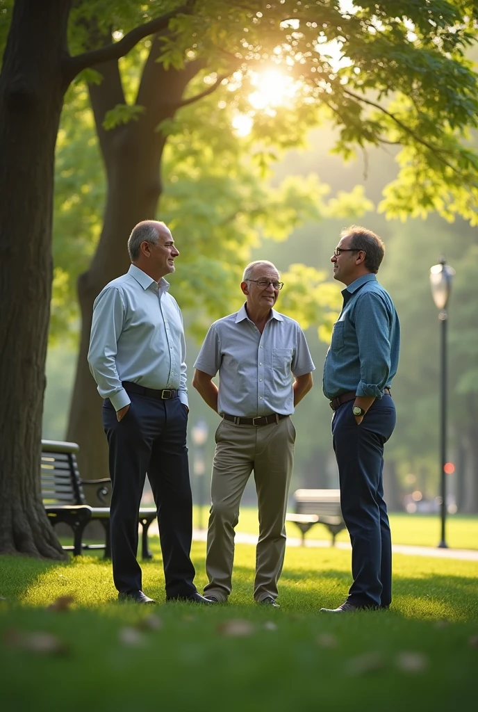 3 40 year old men talking in the park
