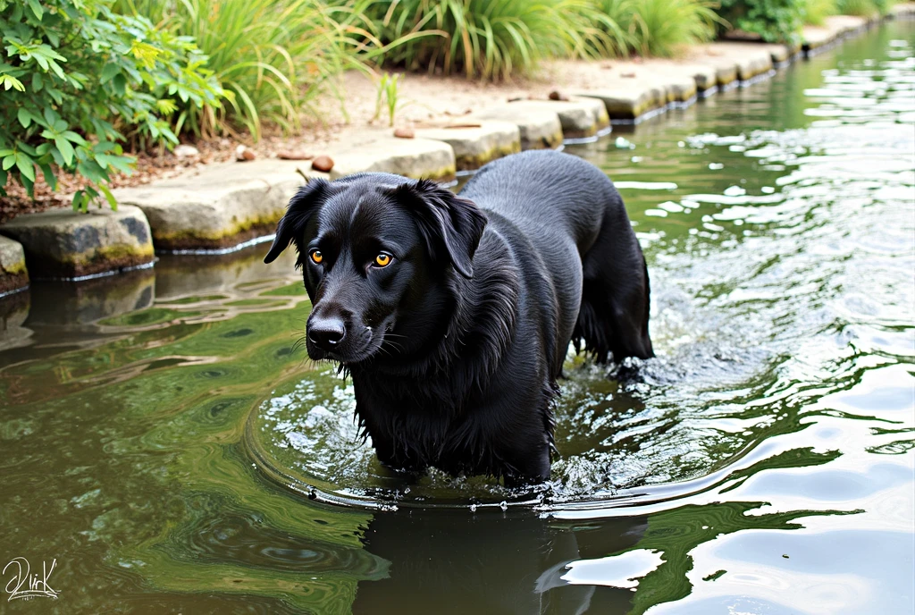 there is a Van Gogh style black dog that is standing in the water, dog, at the waterside, black dog, a handsome, in a pond, in the water, a dog, river in front of him, the photo shows a large, bear, labrador, menacing!, playing with the water, emerging from the water, wet fur, handsome, nice face
