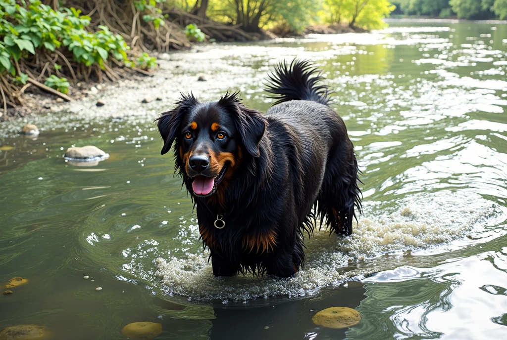 there is a Van Gogh style black dog that is standing in the water, dog, at the waterside, black dog, a handsome, in a pond, in the water, a dog, river in front of him, the photo shows a large, bear, labrador, menacing!, playing with the water, emerging from the water, wet fur, handsome, nice face
