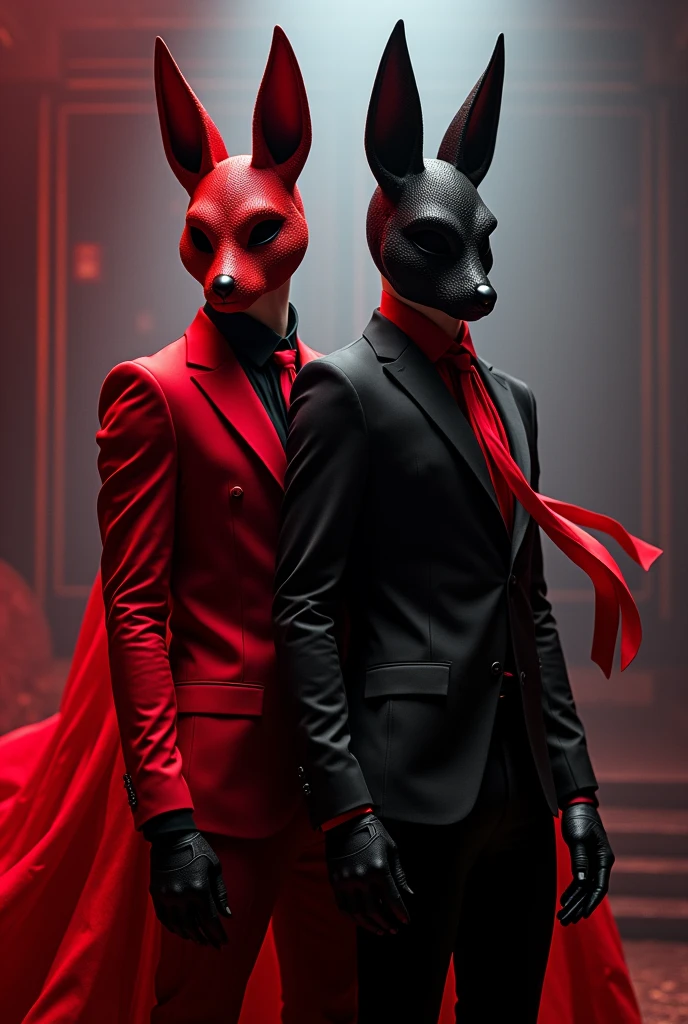 Kitsune masked 2 male band singers, clothe red and black