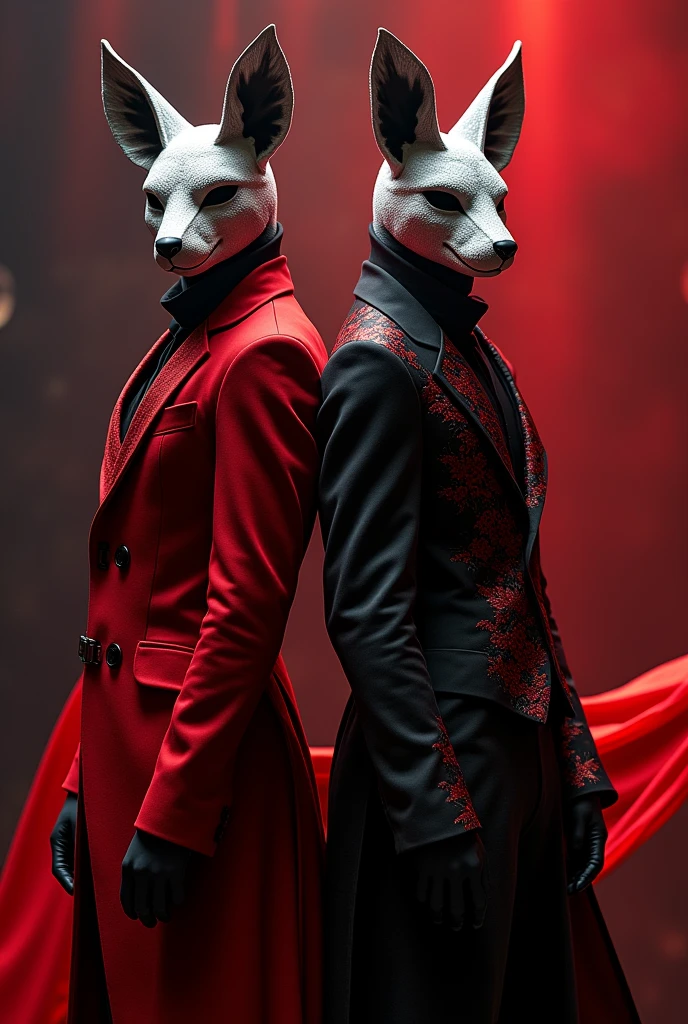 Kitsune masked 2 male band singers, clothe red and black