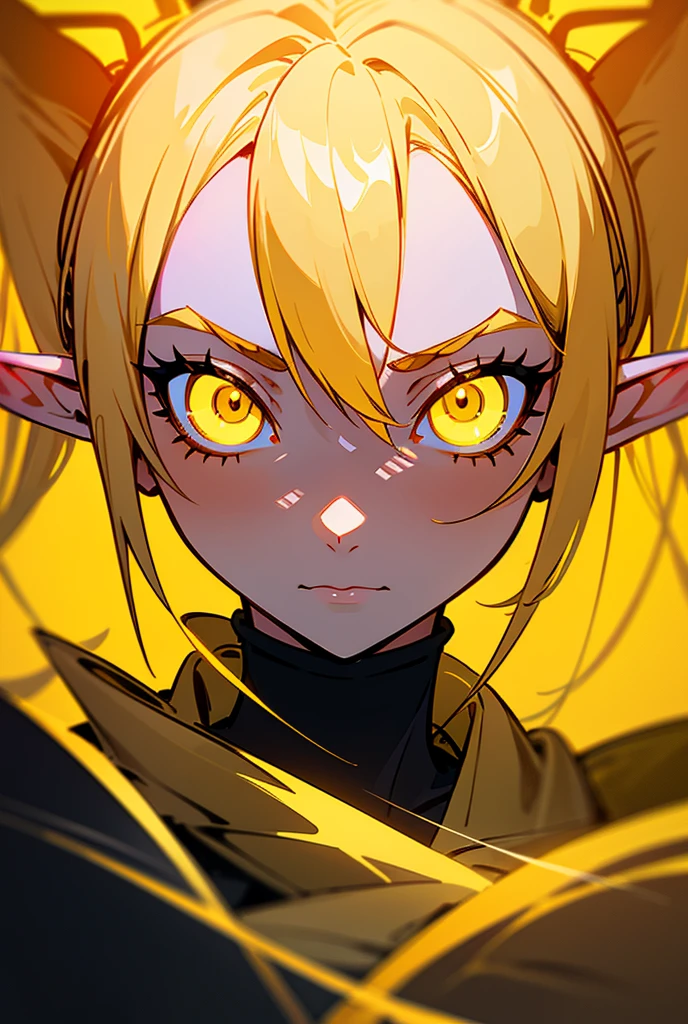 a close up of a woman with horns on her head, vector art inspired by Tomer Hanuka, pixiv, digital art, anime style illustration, she has elf ears and gold eyes, glowing yellow eyes, with glowing yellow eyes, clean detailed anime art, clean detailed anime style, anime style artwork, glowing yellow face, zelda style art, stunning anime face portrait