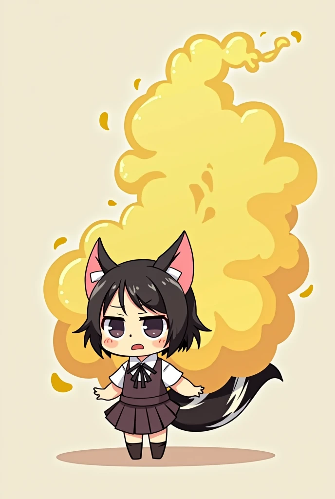 1 Human Girl、anime、animeチック、Skunk Ears、Skunk&#39;s Tail、Primary school students、A large amount of yellow smoke is emitted from the skirt、Embarrassing、Fart、solo、Turn your back、
