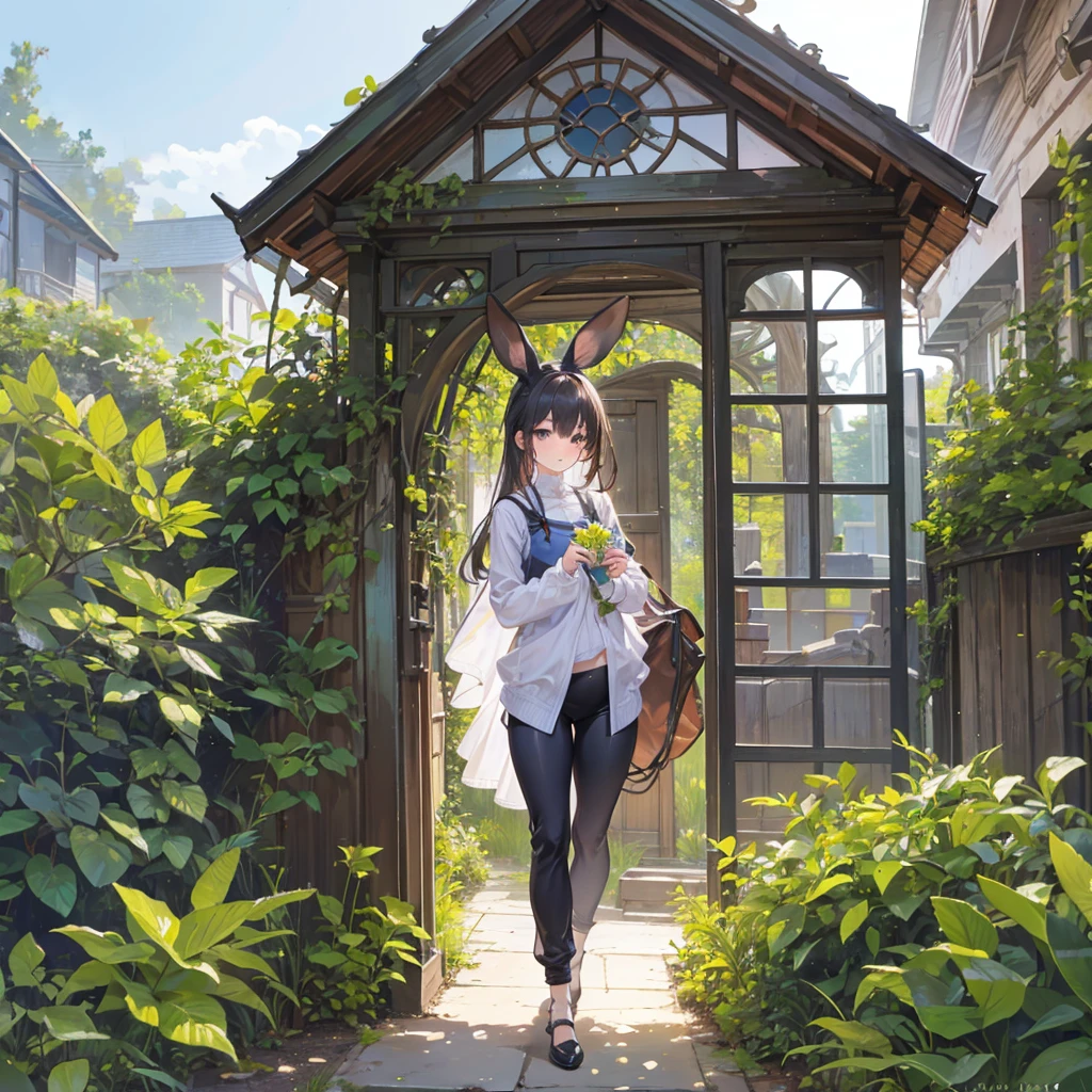 4k, realistic, carismatic, very detail, there is a girl on garden house, wearing rabbit woman , soft theme, pants, 2, full body