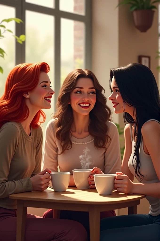 2 red haired ladies drinking coffee and 1 black haired lady drinking coffee 