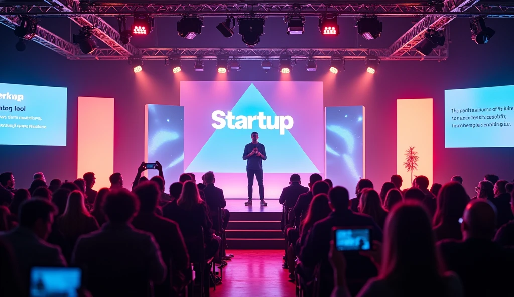 An ultra-realistic image of a startup launch event with excited attendees, a stage with vibrant branding, and a speaker delivering a presentation. The atmosphere is energetic, with people networking, taking photos, and sharing ideas. The setting includes banners with the startup's logo and mission statement.