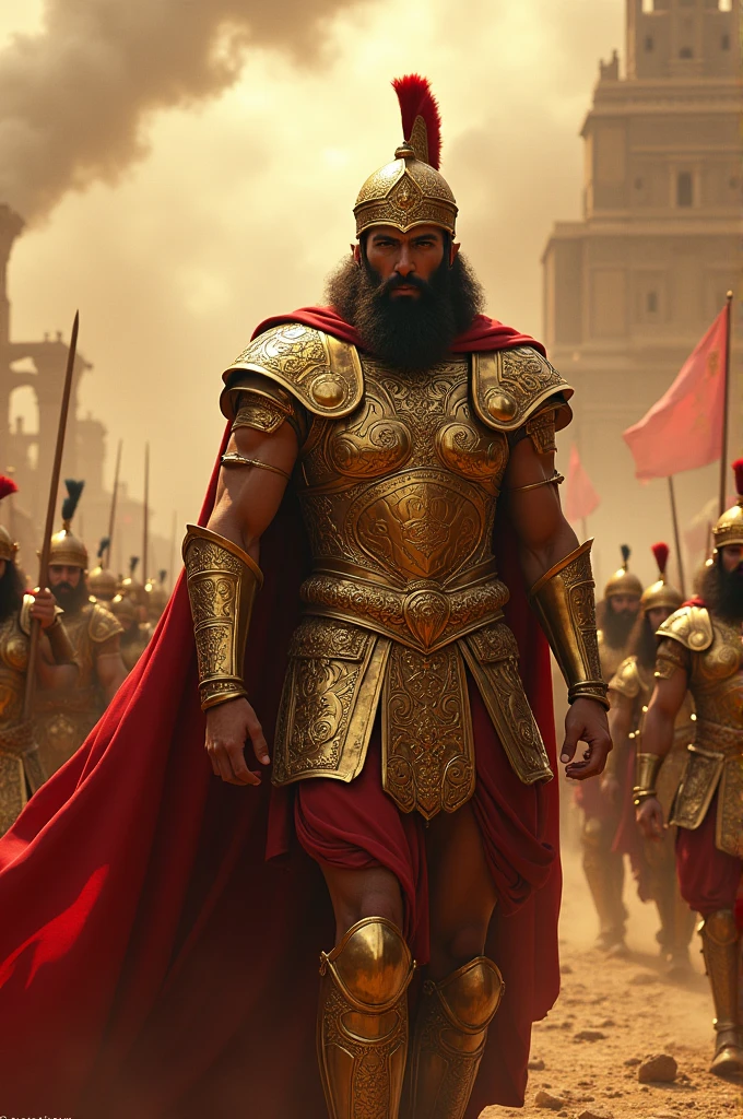 Fall of Babylon, Cyrus in golden armor triumphant.