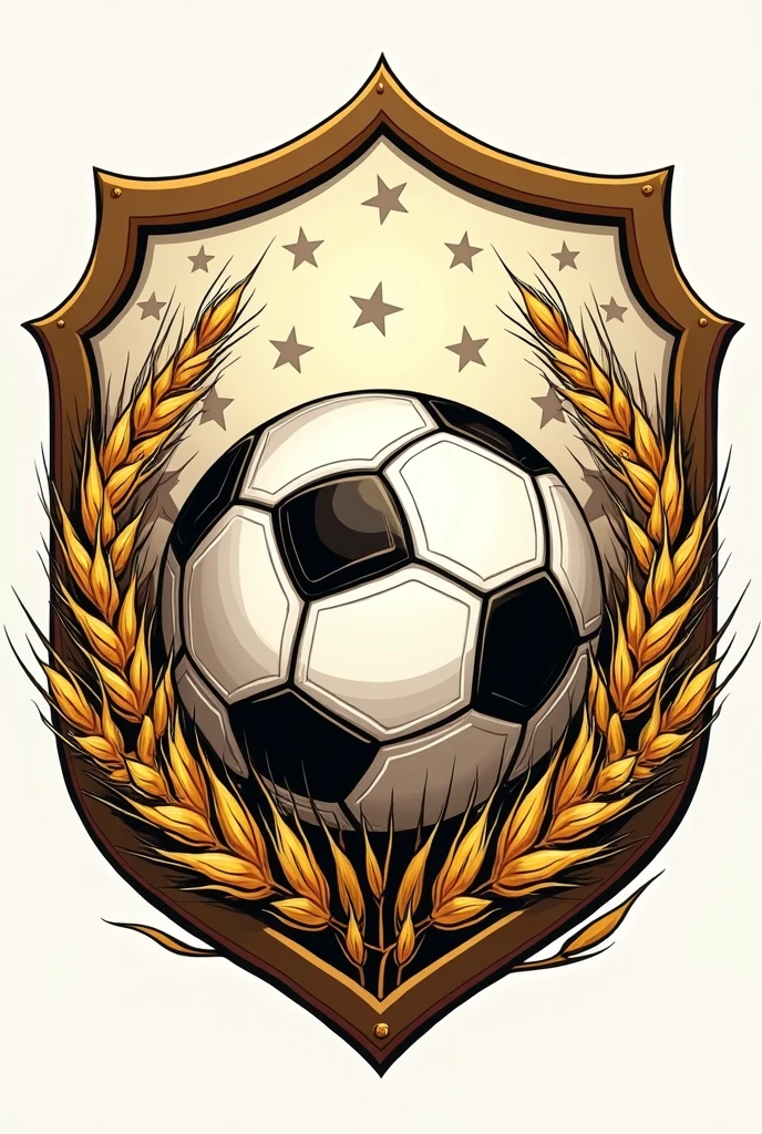 a football tournament logo for the city of campanario. Use a ball and wheats and stars. Use a shield. Illustration style image