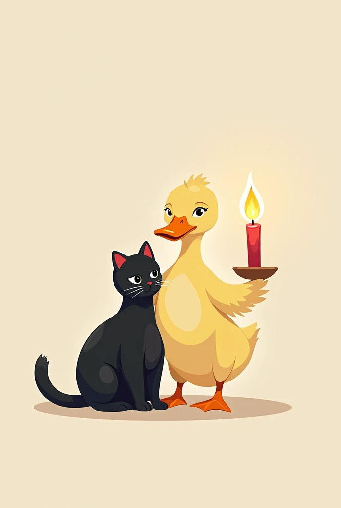 Make a duck holding a candle with a black cat, make it like a logo
