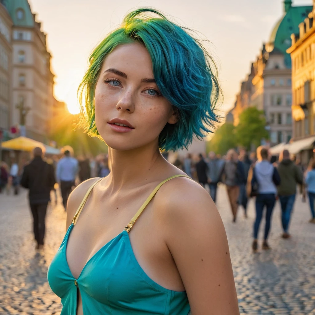 (((Woman, 20 Years Old, Nordic Ethnicity, short blue hair, perfect face, light freckles, Blue-Green Eyes))), (((standing confidently in a bustling city square in Leipzig at sunset, full body visible))). ((Wearing a chic, fashionable outfit, with a look of excitement and wonder on her face, as she takes in her new surroundings)). ((Her short blue hair and outfit slightly tousled by a soft breeze)). (((Sunset lighting casting a warm, golden glow on her entire figure, creating long shadows on the cobblestone square))). (Background includes iconic Leipzig architecture, street lamps, and lively people, all bathed in the warm light of the setting sun). (((Color palette - turquoise, neon green, yellow shades))), (best quality, 8k, masterpiece, ultra-detailed, photorealistic, sunset lighting, sharp focus, full body).