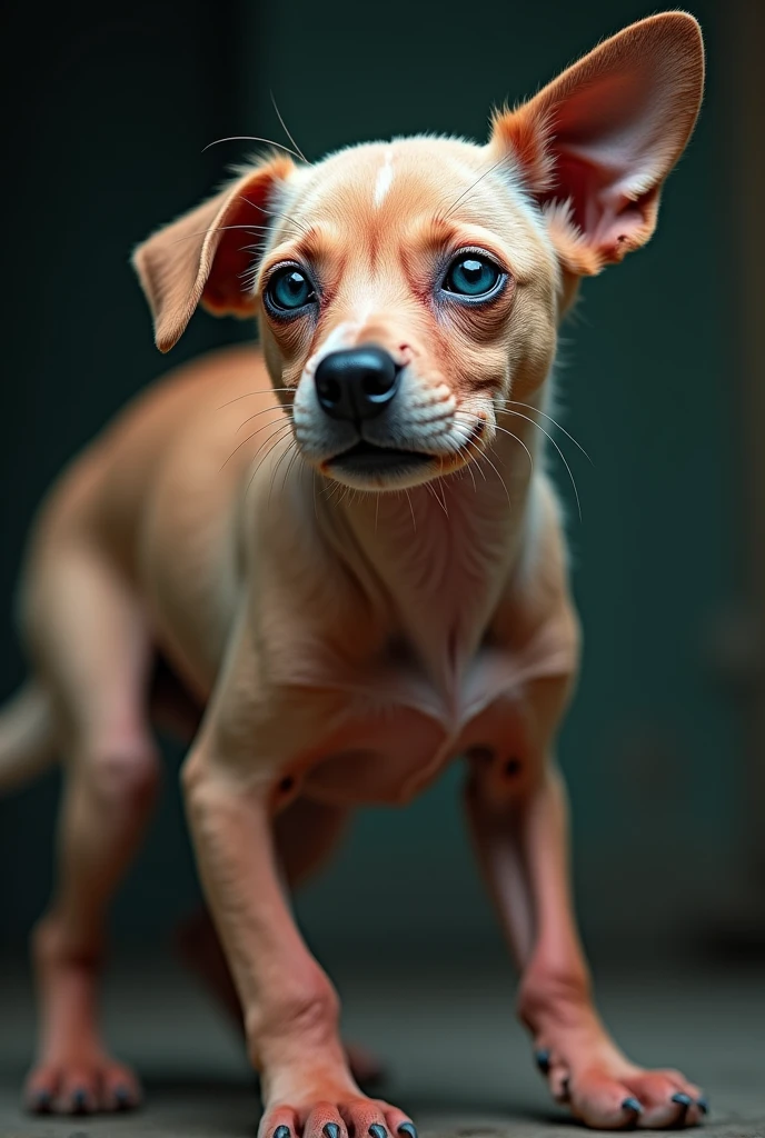 A dog with peach coloured skin and fur but the fur has worn due to disease and the bones can be seen as he is hungry from many months and a blue layer has formed on his eyes of age 4years