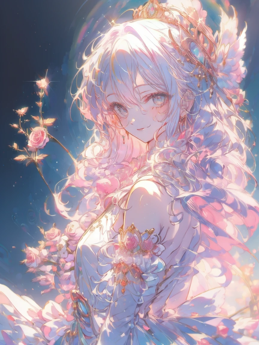 ((((((Stickers, Background white)))))),((superwide shot,Ultra-wide field of view,whole body)),,Highest quality, Very detailed, beautiful, Exquisite, 16K, Full HD, Absurd,White Background,((Upper Body,Half-body photo)),((smile,Happy:1.5)),((Sparkling fluffy layered ball gown)), (Grab the hem of your dress and bow slightly.),Lots of flowers,((Surrounded by roses)),ruffles and rhinestones, ( Tabletop, Art Station, Fantasy art:1.2), 優雅なsmileで佇む,pastel colour、White skin,Gradient Hair, Pink Hair, Hair blowing in the wind, Wavy Hair,Fluffy hair,tiara,Lavender eyes, Long eyelashes, beautiful eyes、Light pink cheeks, Bright Eyes,Dazzling Light, Warm lighting,
