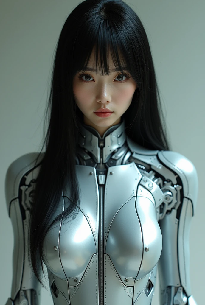 Japanese women、1 person、Shiny straight black hair、Large, narrow eyes、Narrow face、shiny rubber suit、mechanical、Exposed skin in various areas、Gaze forward、White skin、Close between the eyes
