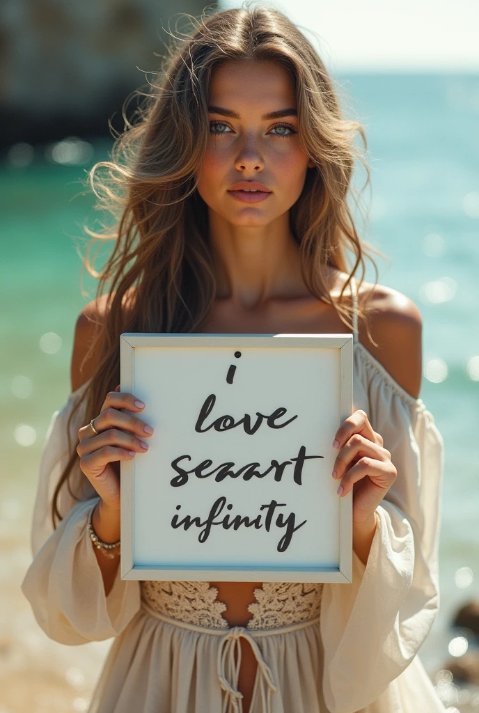 Beautiful girl with wavy long hair, bohemian dress, holding a white board with text "I Love Seaart Infinity" and showing it to the viewer