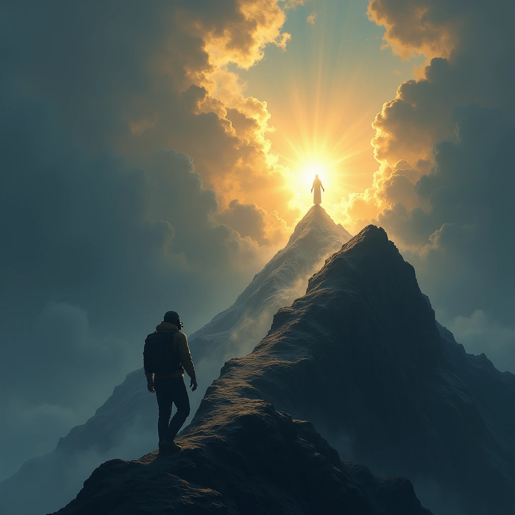 Illustrate a figure climbing a steep mountain, with shadows and storms behind them. As they ascend, the path becomes clearer, bathed in a soft golden light. At the peak of the mountain stands Jesus, shining brightly, welcoming the climber who is nearing the end of their arduous journey, symbolizing dedication to the divine calling.