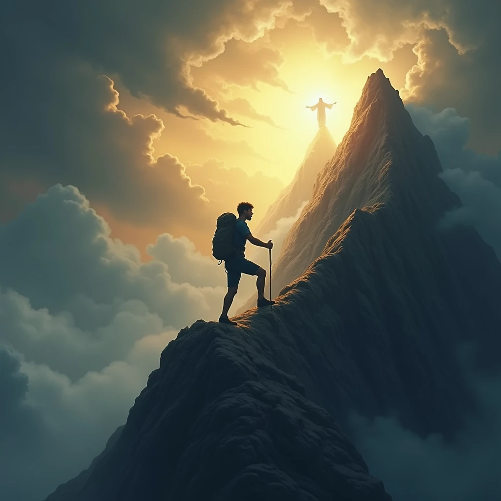Illustrate a figure climbing a steep mountain, with shadows and storms behind them. As they ascend, the path becomes clearer, bathed in a soft golden light. At the peak of the mountain stands Jesus, shining brightly, welcoming the climber who is nearing the end of their arduous journey, symbolizing dedication to the divine calling.