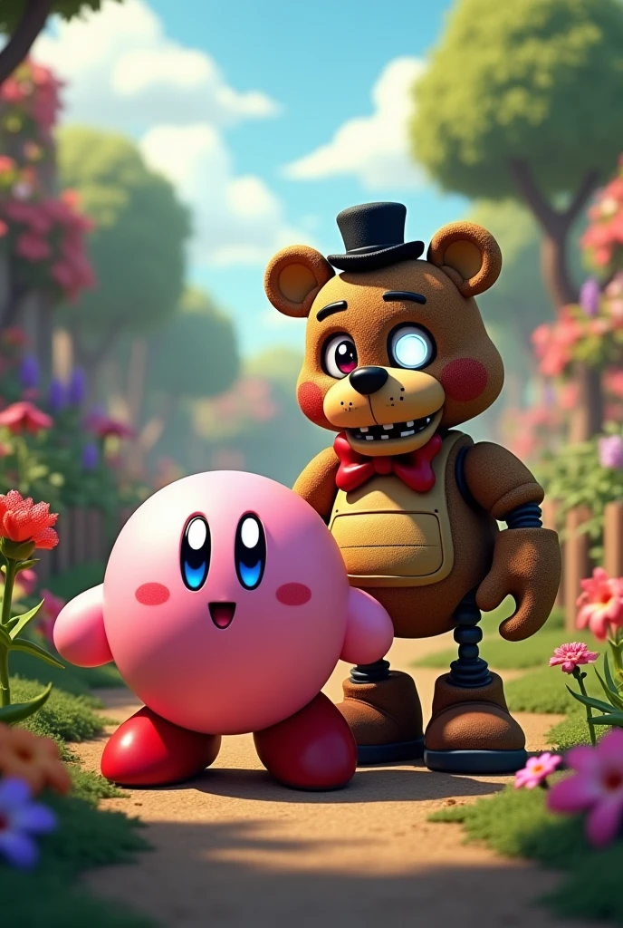A Kirby accompanied by the animatronic Freddy from fnaf in the world of plants versus zombies