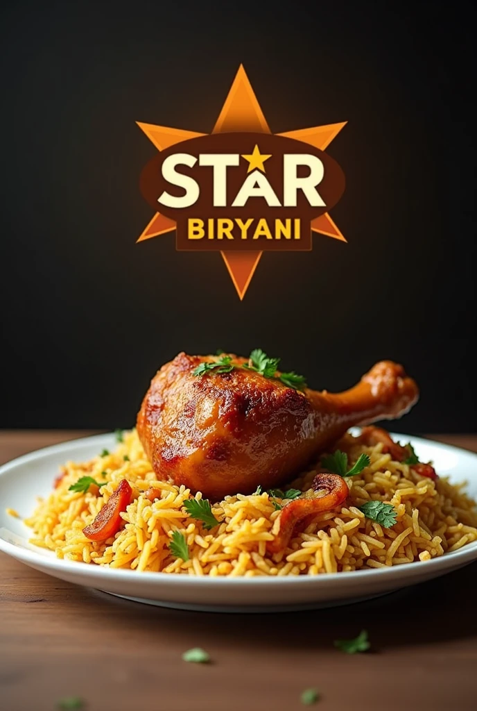 Chicken dum Biryani with leg piece in plate and background logo star biryani