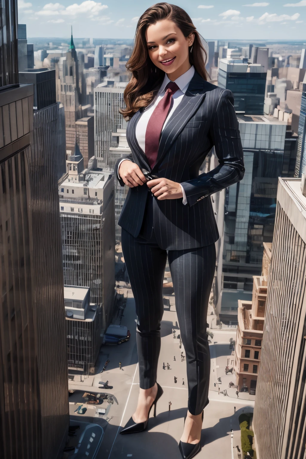 (photorealism:1.2), giant, giantess art, giantesses, Sky View, giantess, three women, Have a pair of ultra long legs, crushing a with heels skyscraper , curvy, dark grey pinstriped suit,white tailored shirt, massive red tie, Has ginger waist-length hair,Wearing a pair of platform heels, leaning over tie hanging down, massive tie larger than a skyscraper, A look of enjoyment, Beautiful appearance,very small metropolis, Trying to destroy a miniature metropolis, Full body depiction, nffsw, Giga Giantess, Exquisite makeup,quality, Cinema lighting,film grain,8k,textured skin,Super details,high detail,high quality,high resolution, smile