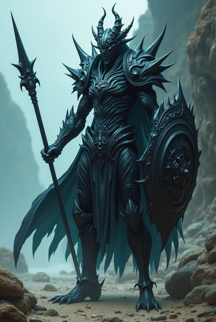warrior with spear, humanoid appearance, shield, Fins on the arms and legs, armor with spikes similar to sea creatures, helmet, yugioh style, black armor and helmet, sea creature, without syrup, thin and not very muscular body, armor over the entire body, the armor must be black