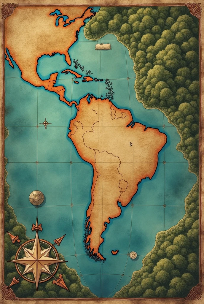 Generate a paper map of an ancient continent surrounded by the ocean and with a dense forest area to the west