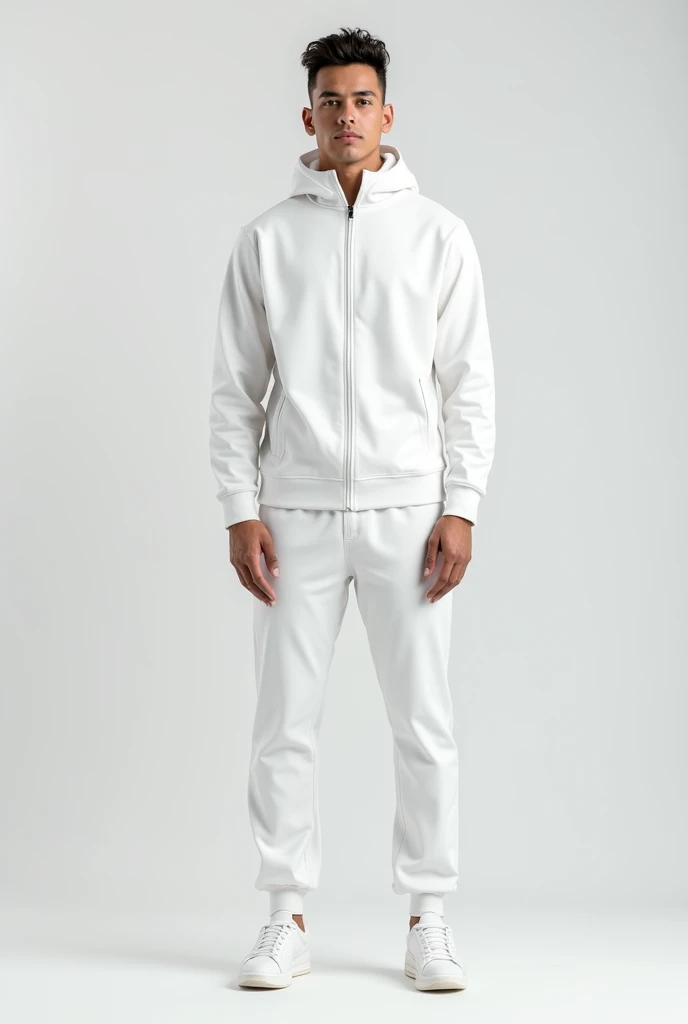 high-quality Men's white Tracksuit Mock-up with a front view, athletic style, It contains a zipped jacket, sweatpants, and trousers that are perfect for training, detalled, 8k