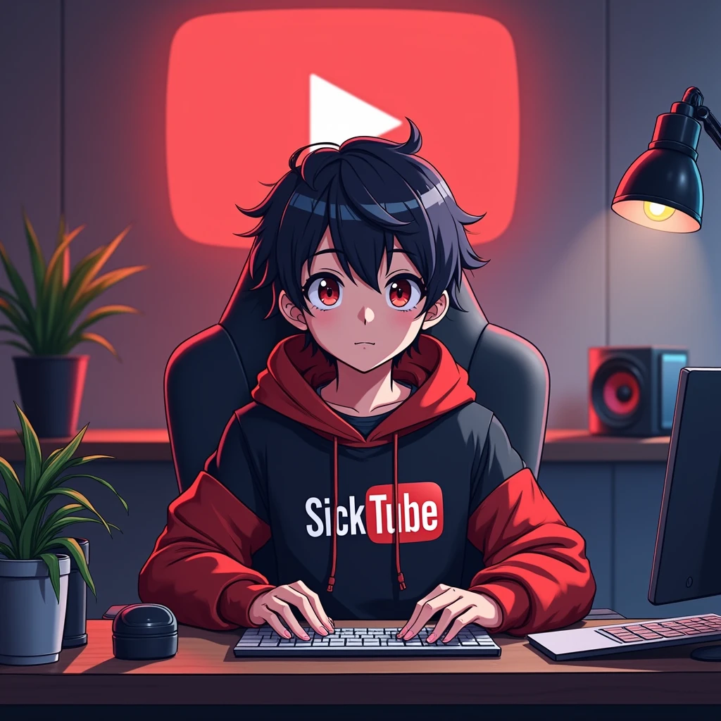 Create a image of "A 18 years anime boy sitting in front of a computer desk with a microphone and laptop, wearing black and red hoodie with the Channel Name on it "SICKTUBE". The background includes a large YouTube logo on the wall, potted plants on either side, and various recording equipment."